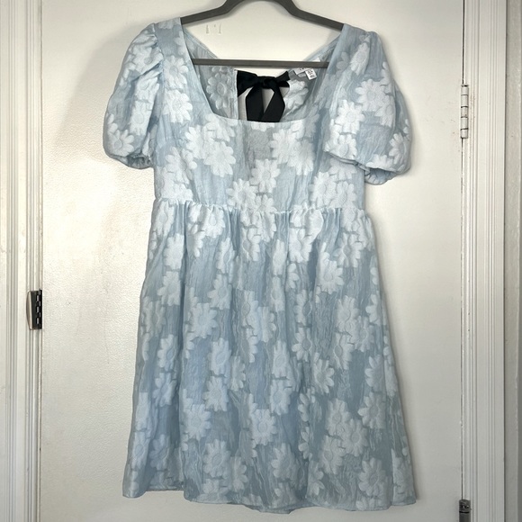 TopShop Baby Blue Floral Puff Sleeve Mini Dress 8 - Picture 1 of 7